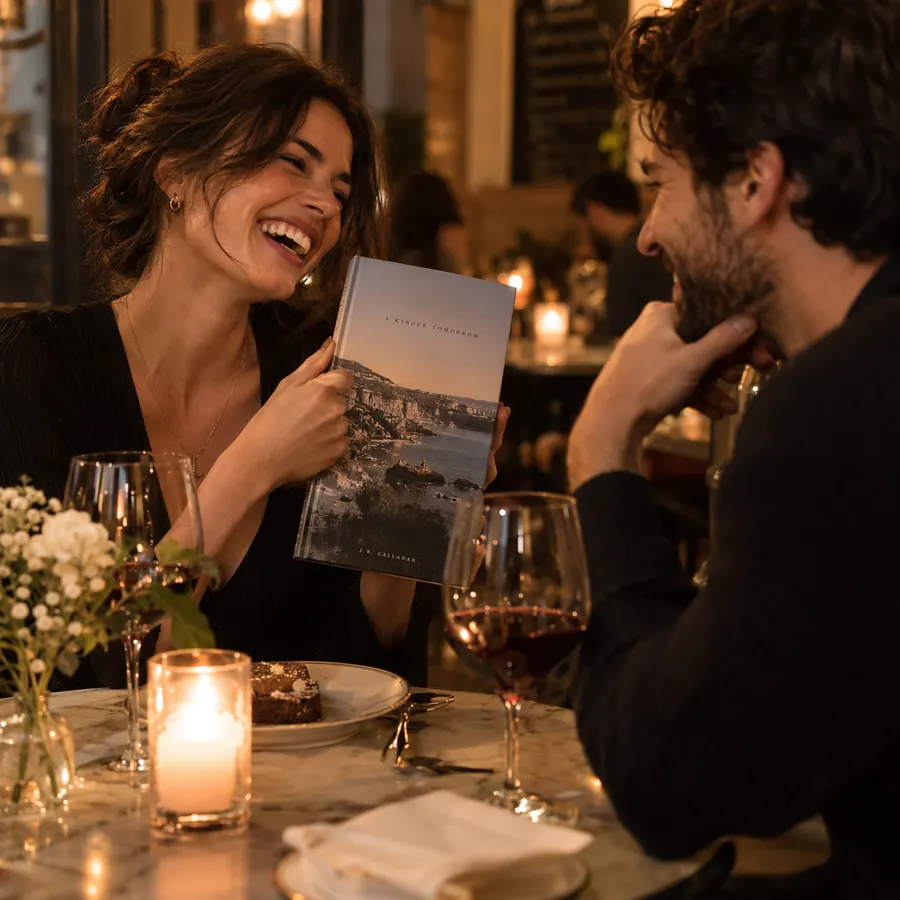 Two people laughing over a book on a candlelit date