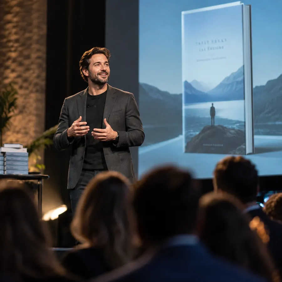 A speaker on stage in front of a screen showing their book