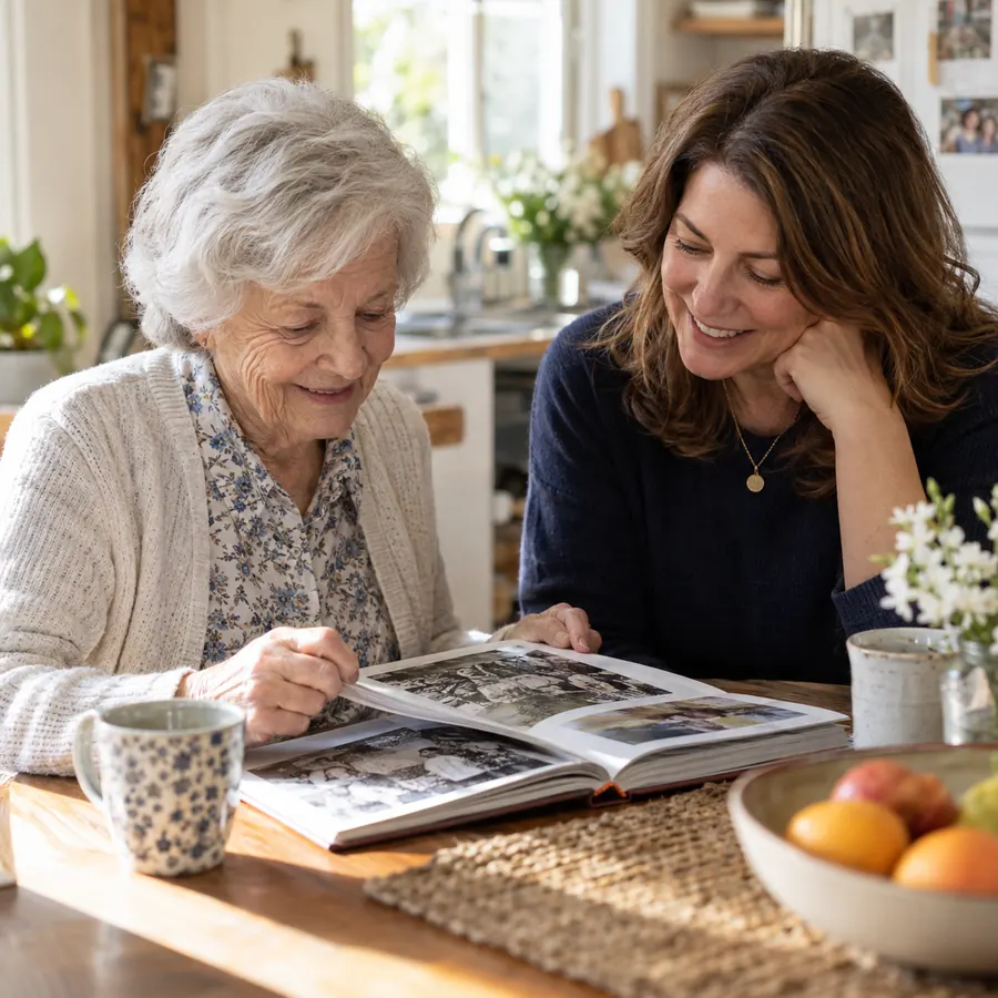 A mother and adult daughter reading a printed family memoir together