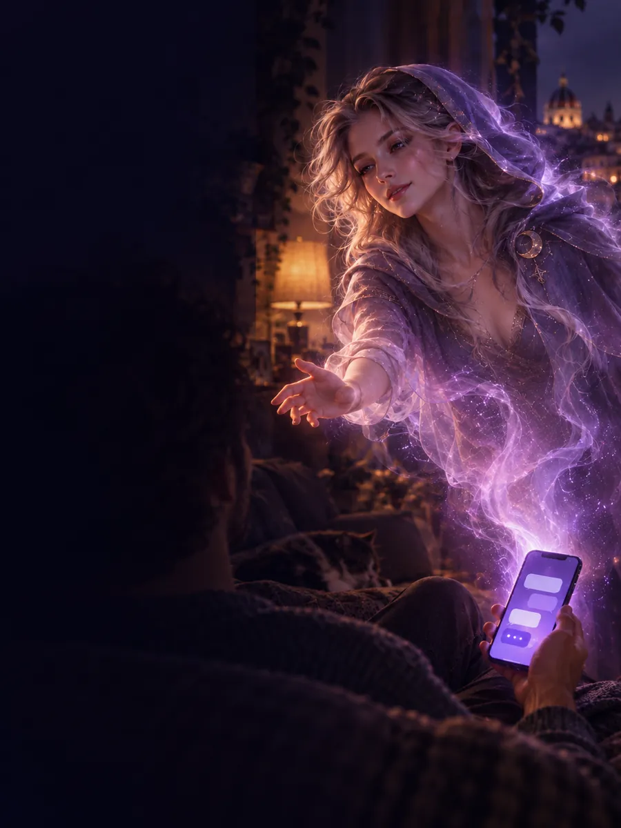 A writer on a couch at night, texting a glowing character who seems to step out of the phone