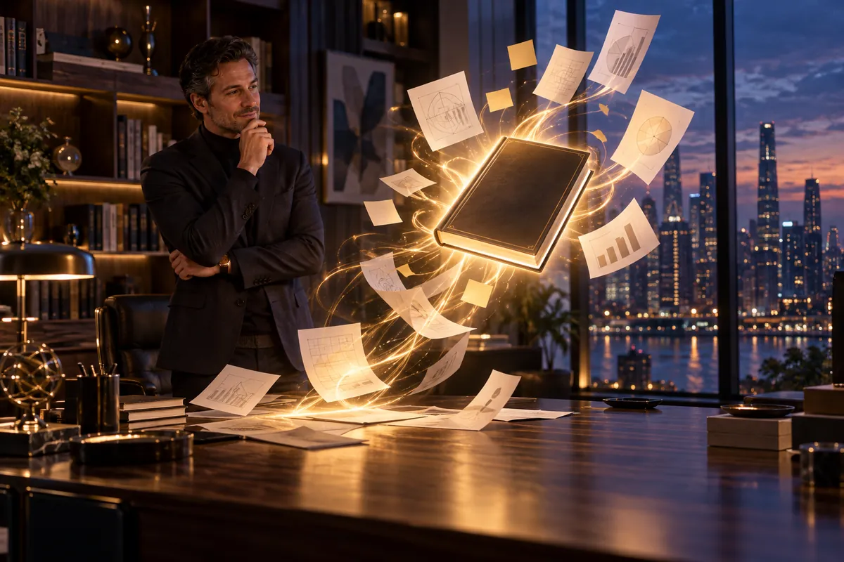 An expert watching their notes, research and charts flow into a glowing book