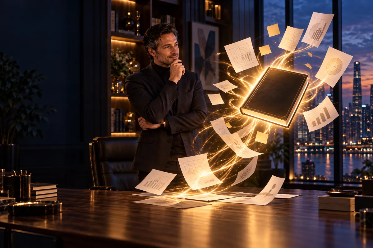 An expert watching their notes, research and charts flow into a glowing book