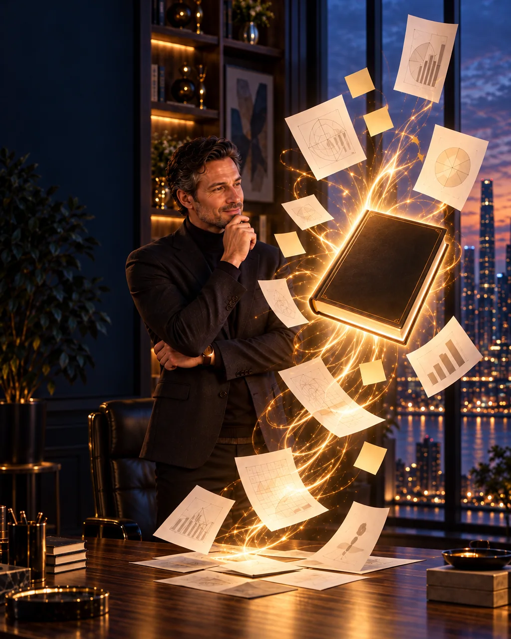 An expert watching their notes, research and charts flow into a glowing book